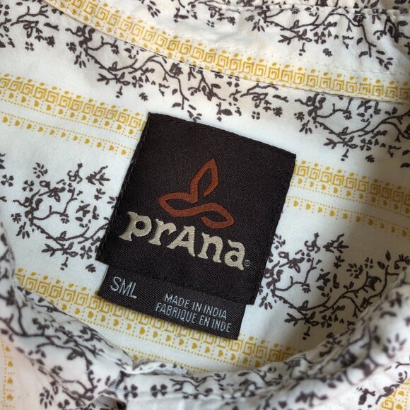 Prana Shirt Mens S White Yellow Floral Stripes Pocket 100% Cotton Button Up Logo - Picture 4 of 14